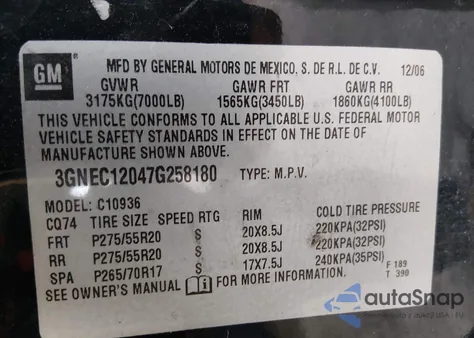 2007 Chevrolet Avalanche 1500 Ltz from USA, damaged, VIN 3GNEC12047G258180